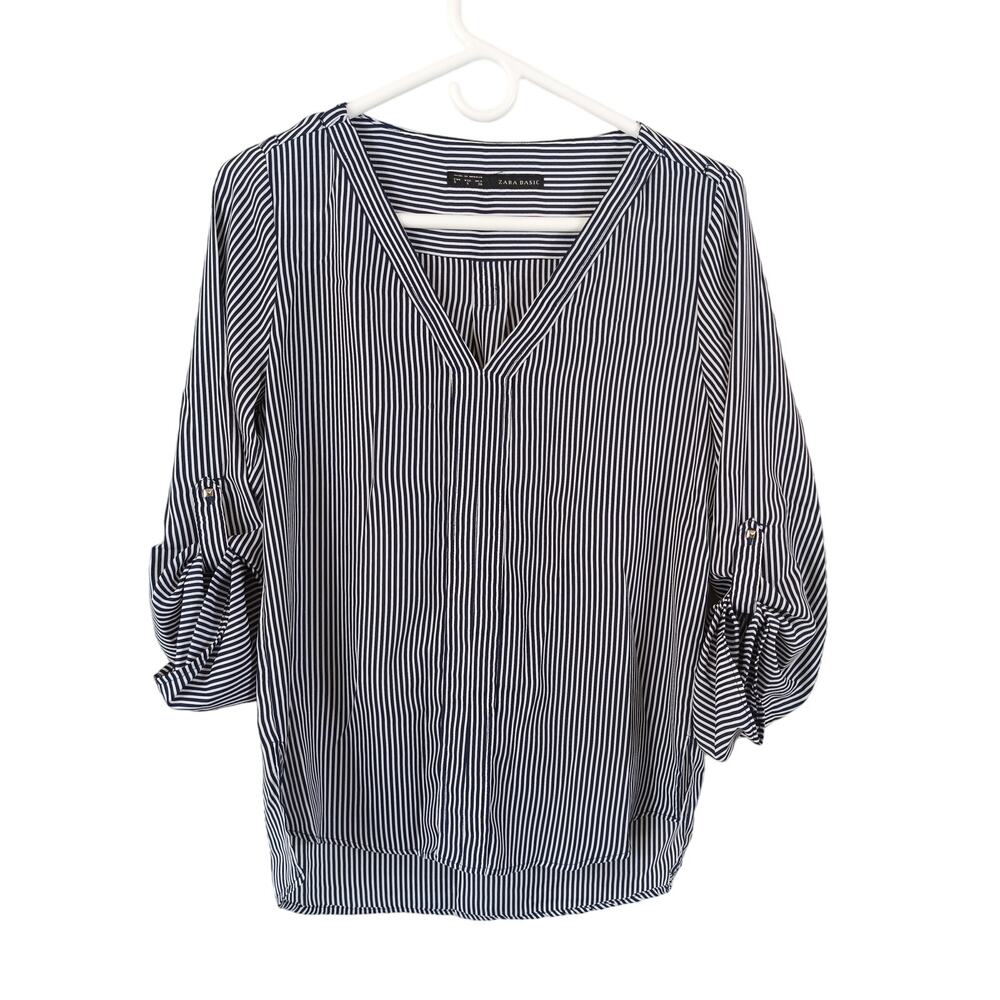 Zara Basic Blouse Womens Size S Navy Blue White Striped Roll Tab V-Neck Top
